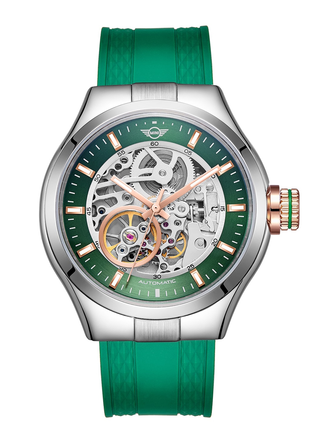 

MINI Cooper Unisex Green Silicone Strap Skeleton Automatic Watch