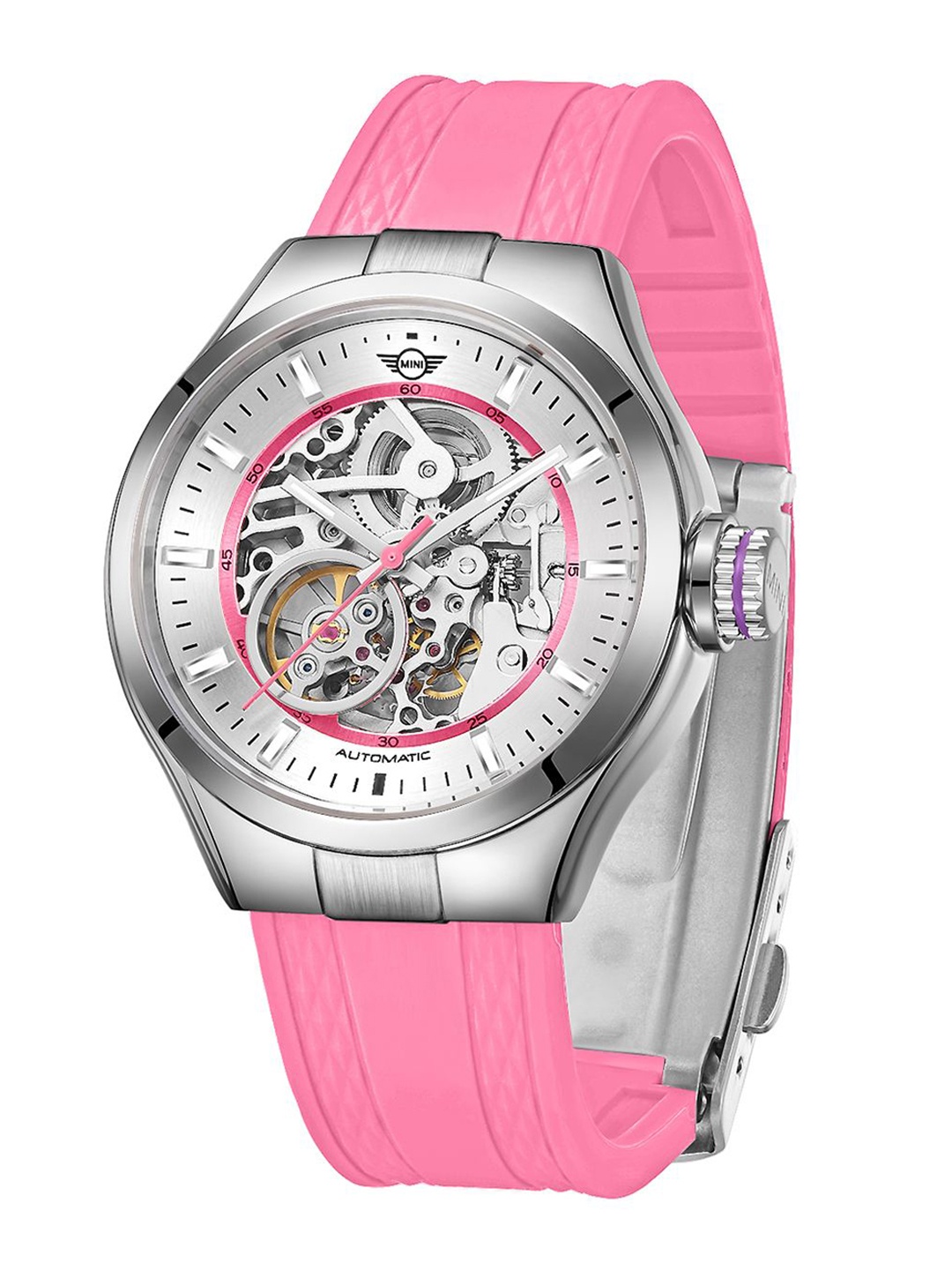 

MINI Cooper Unisex Pink Silicone Strap Skeleton Automatic Watch