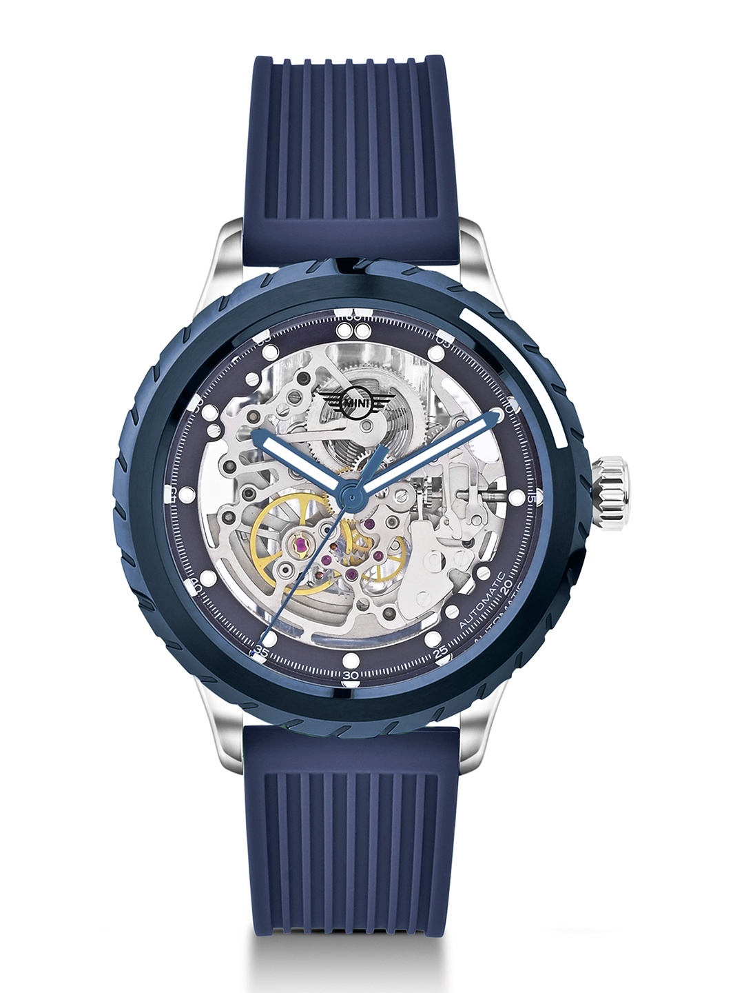 

MINI Cooper Unisex Blue Silicone Strap Skeleton Automatic Watch Wheel Dial Collection