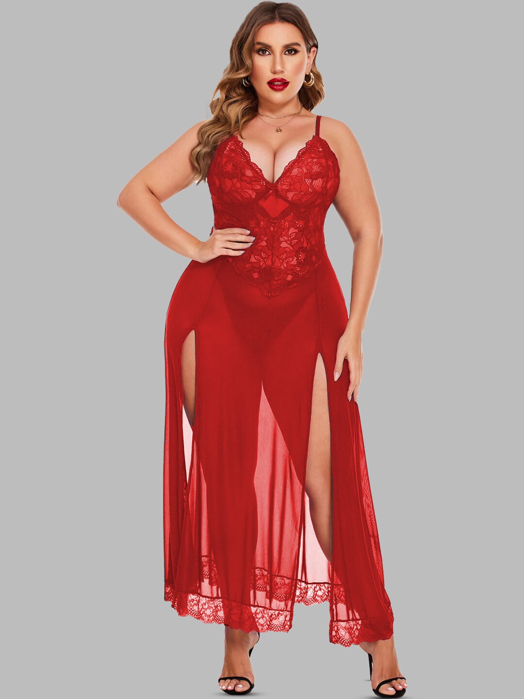 

VAGHBHATT Self Design Shoulder Straps Net Baby Doll, Red