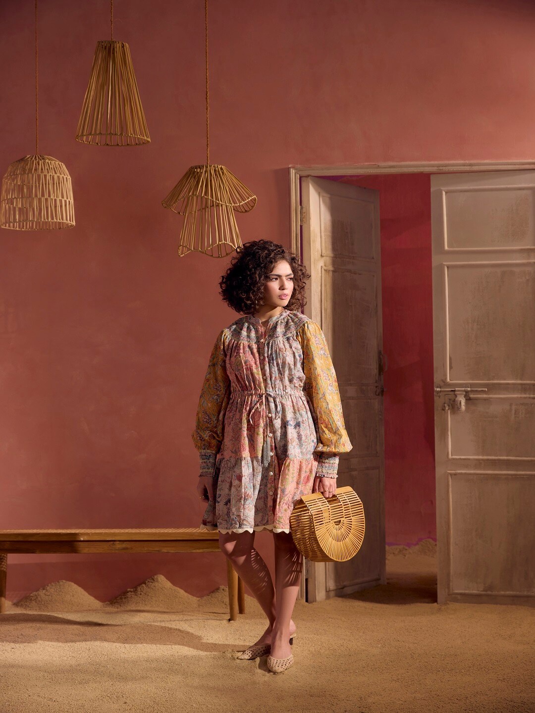 

BOHO CHIC Abstract Printed Mandarin Collar Cotton A-Line Dress, Pink