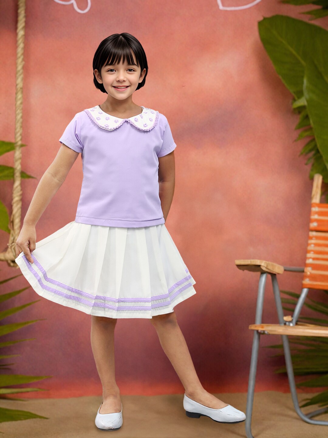 

Toonyport Girls Peter Pan Collar Top With Skirt, Lavender