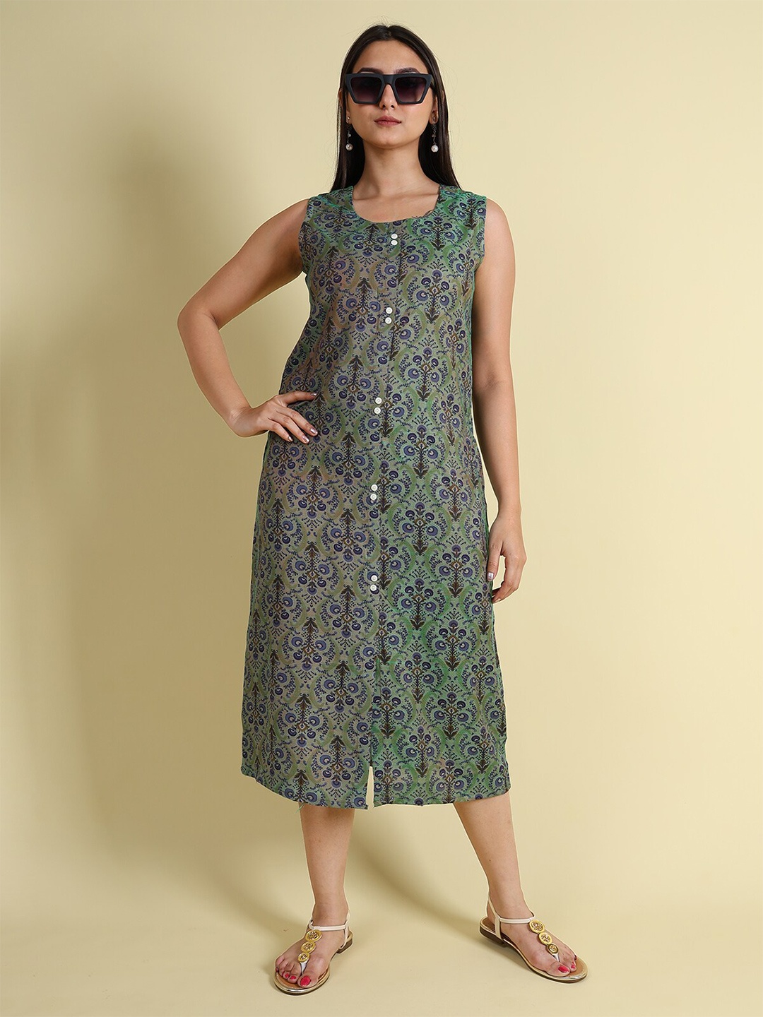 

GRANTH FASHION Ethnic Motifs Printed Sleeveless Cotton Shirt Midi Dress, Green