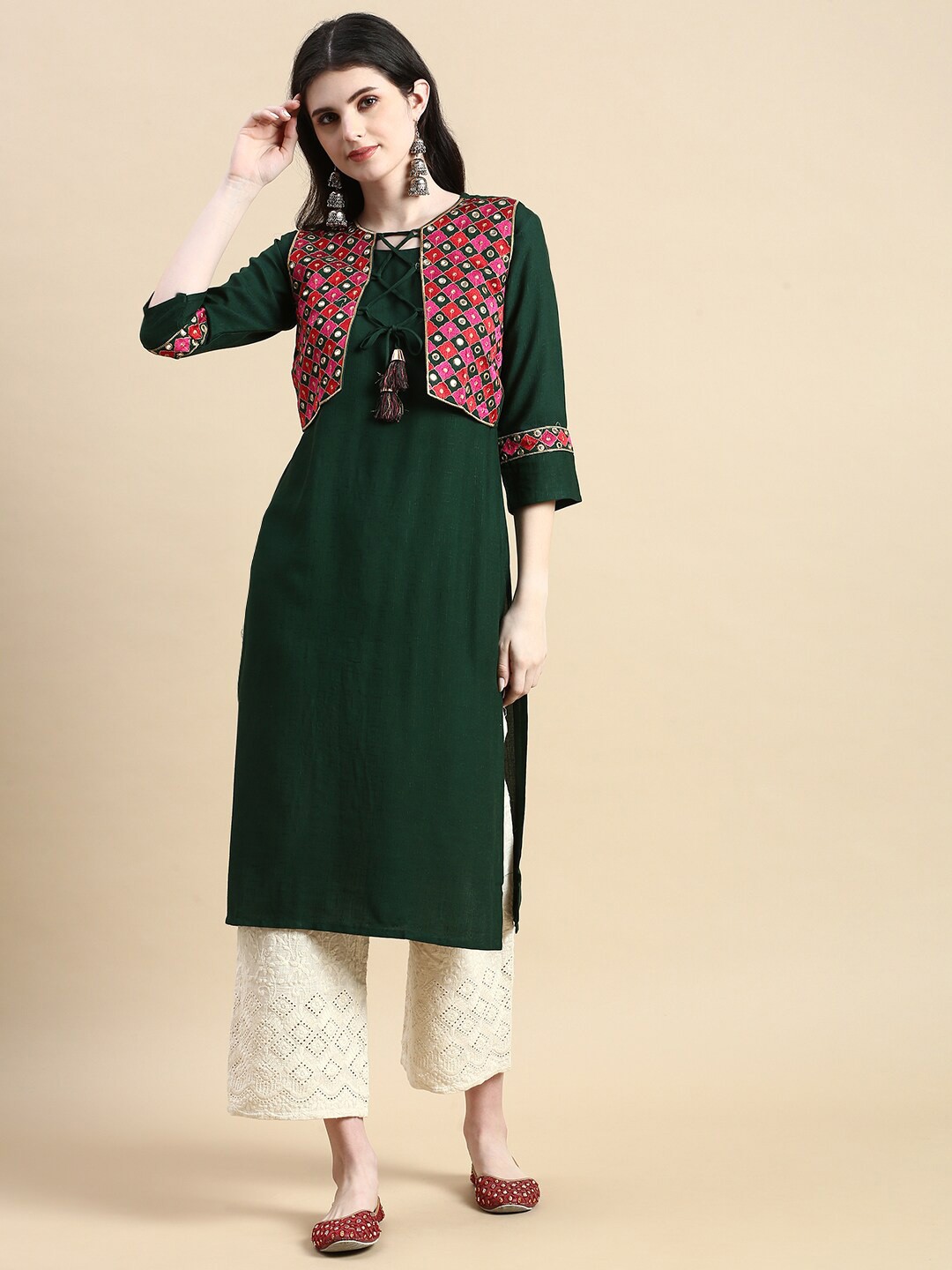 

GRANTH FASHION Mirror Work Kurta With Mirror Work Jacket, Green