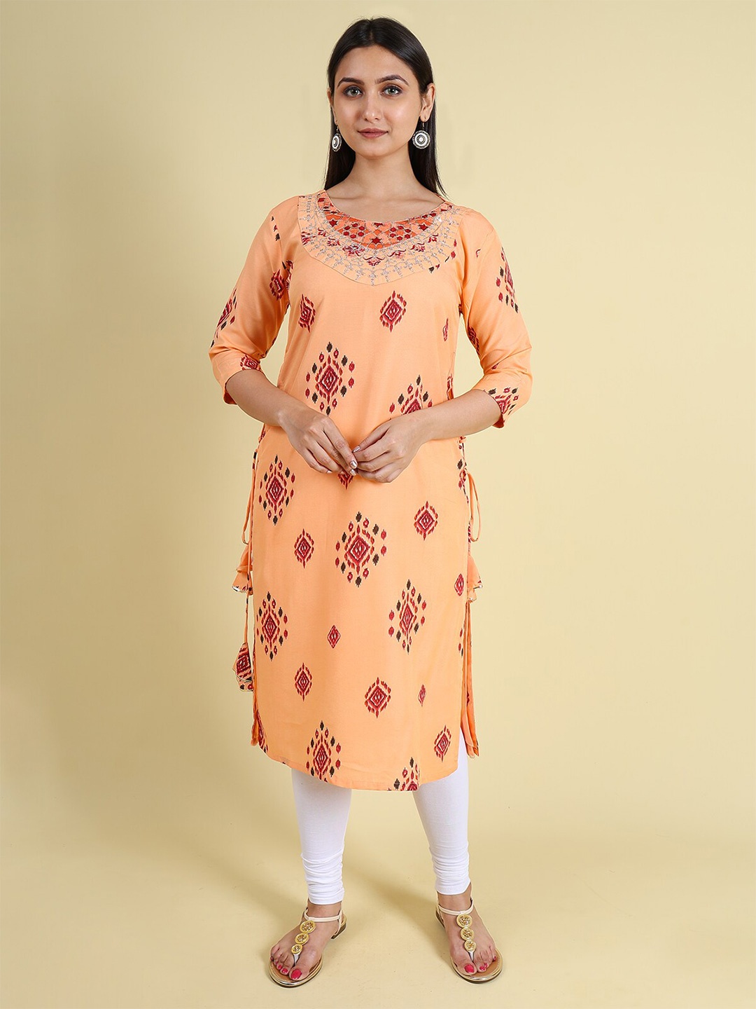 

GRANTH FASHION Ethnic Motifs Printed Round Neck Three-Quarter Sleeves Modal Kurta, Orange