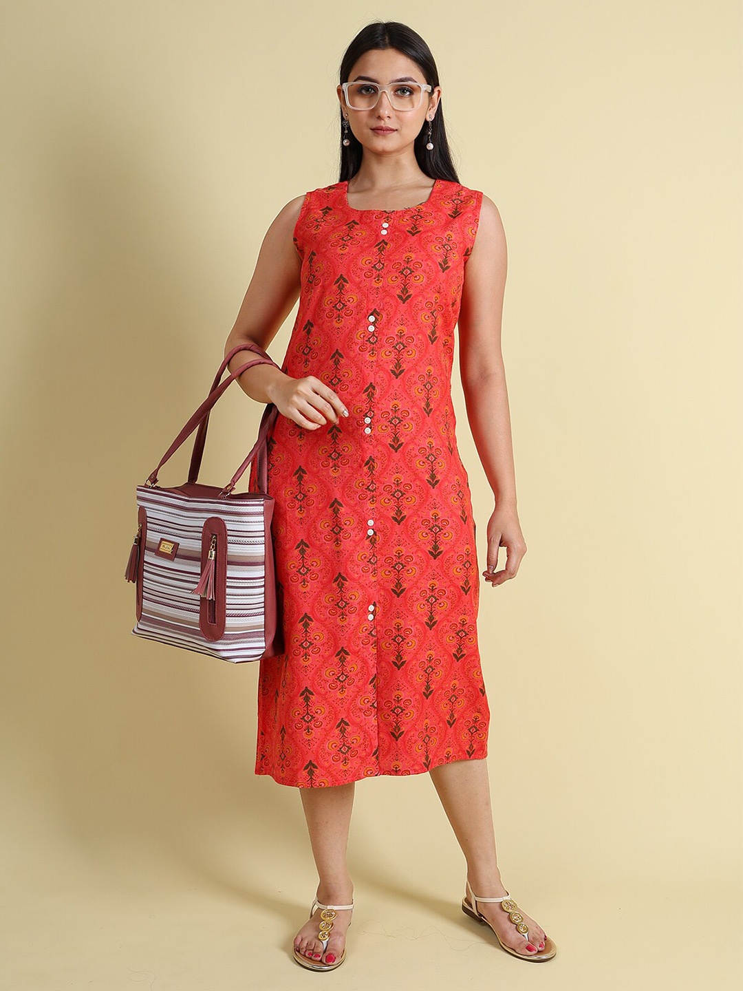 

GRANTH FASHION Floral Printed Sleeveless Square Neck Straight A-Line Dress, Red