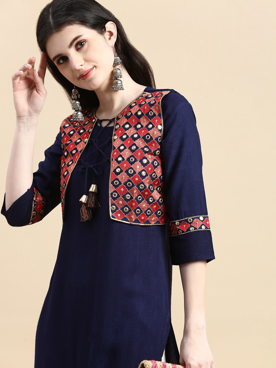 

GRANTH FASHION Mirror Work Kurta With Mirror Work Jacket, Blue
