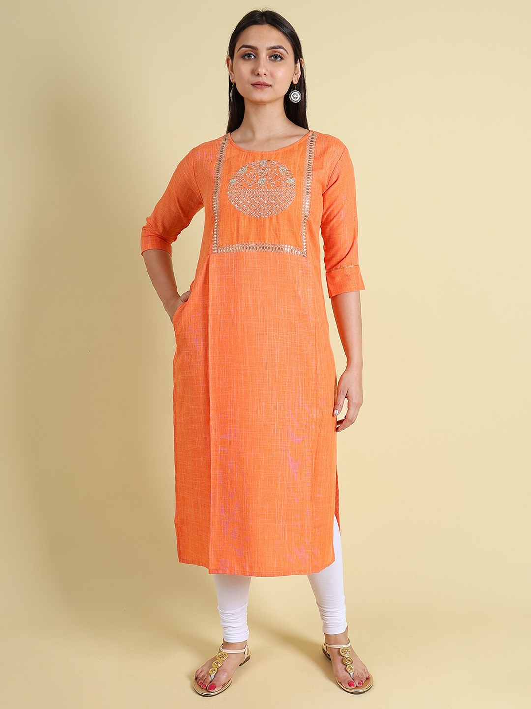 

GRANTH FASHION Ethnic Motifs Yoke Design Thread Work Kurta, Orange