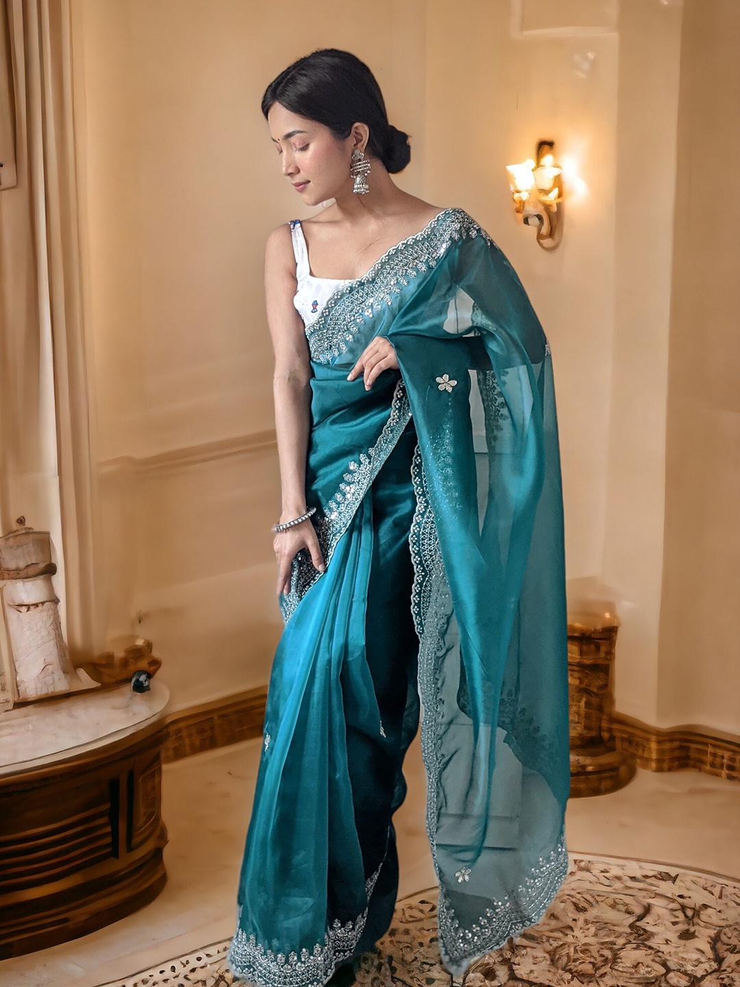 

Vastrasky Global Ethnic Motifs Embroidered Organza Saree, Blue