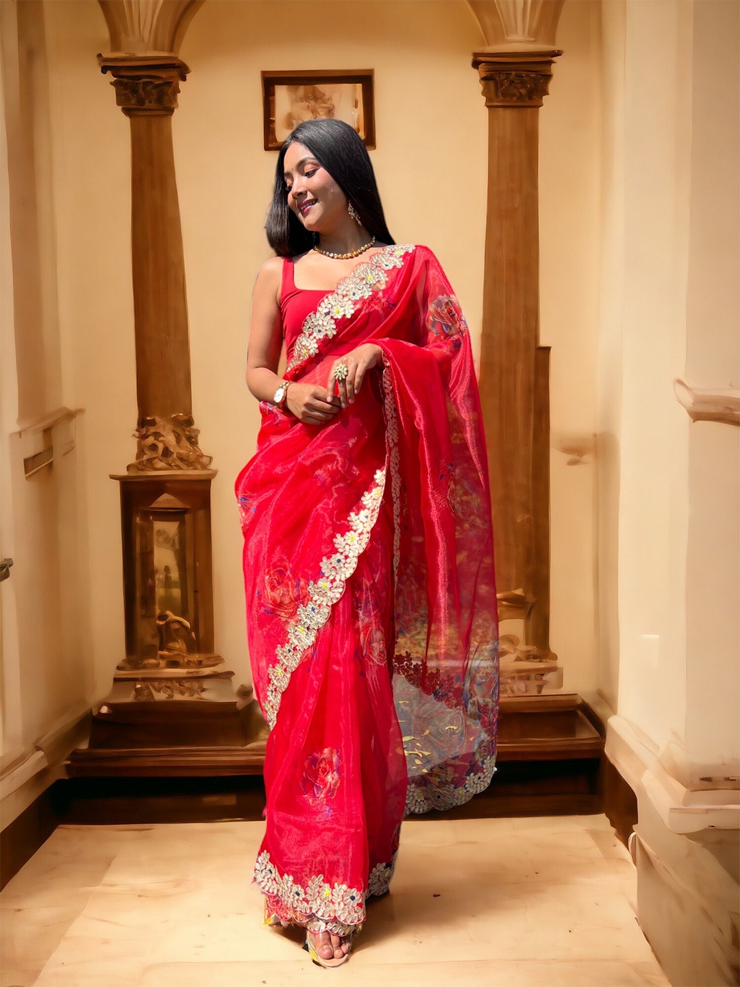 

Vastrasky Global Floral Embroidered Organza Saree, Red