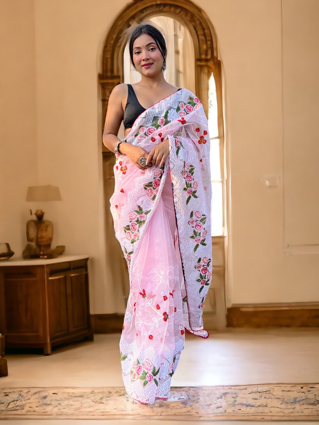 

Vastrasky Global Embellished Embroidered Organza Saree, Pink