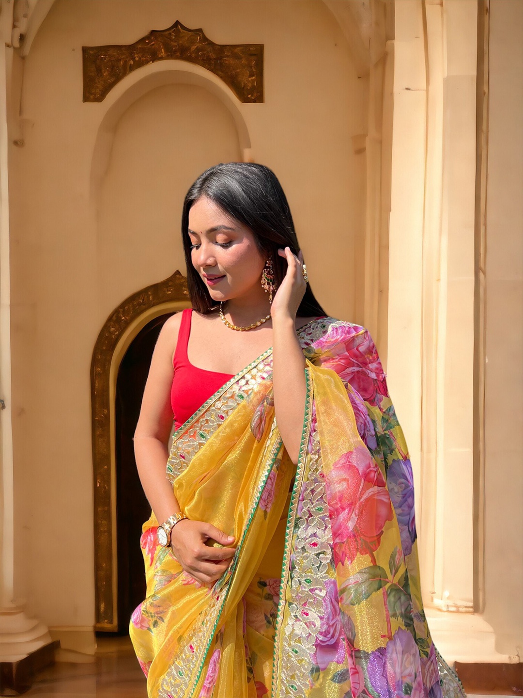 

Vastrasky Global Floral Gotta Patti Organza Saree, Yellow