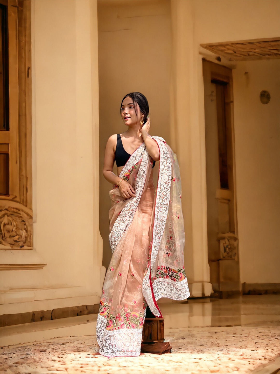 Vastrasky Global Embellished Embroidered Organza Saree, Orange