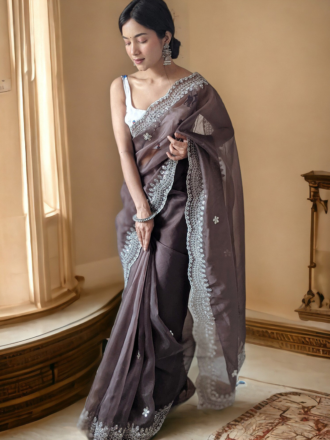 

Vastrasky Global Ethnic Motifs Embroidered Organza Saree, Grey