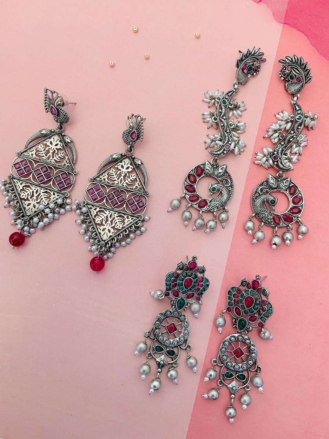 

ABDESIGNS Set Of 3 Silver-Plated Stone-Studded & Beaded Classic Drop Earrings