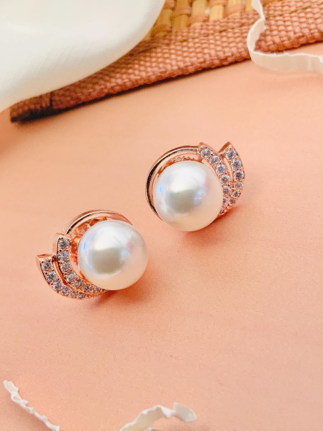 

ABDESIGNS Rose Gold-Plated American Diamond-Studded & Beaded Classic Studs Earrings