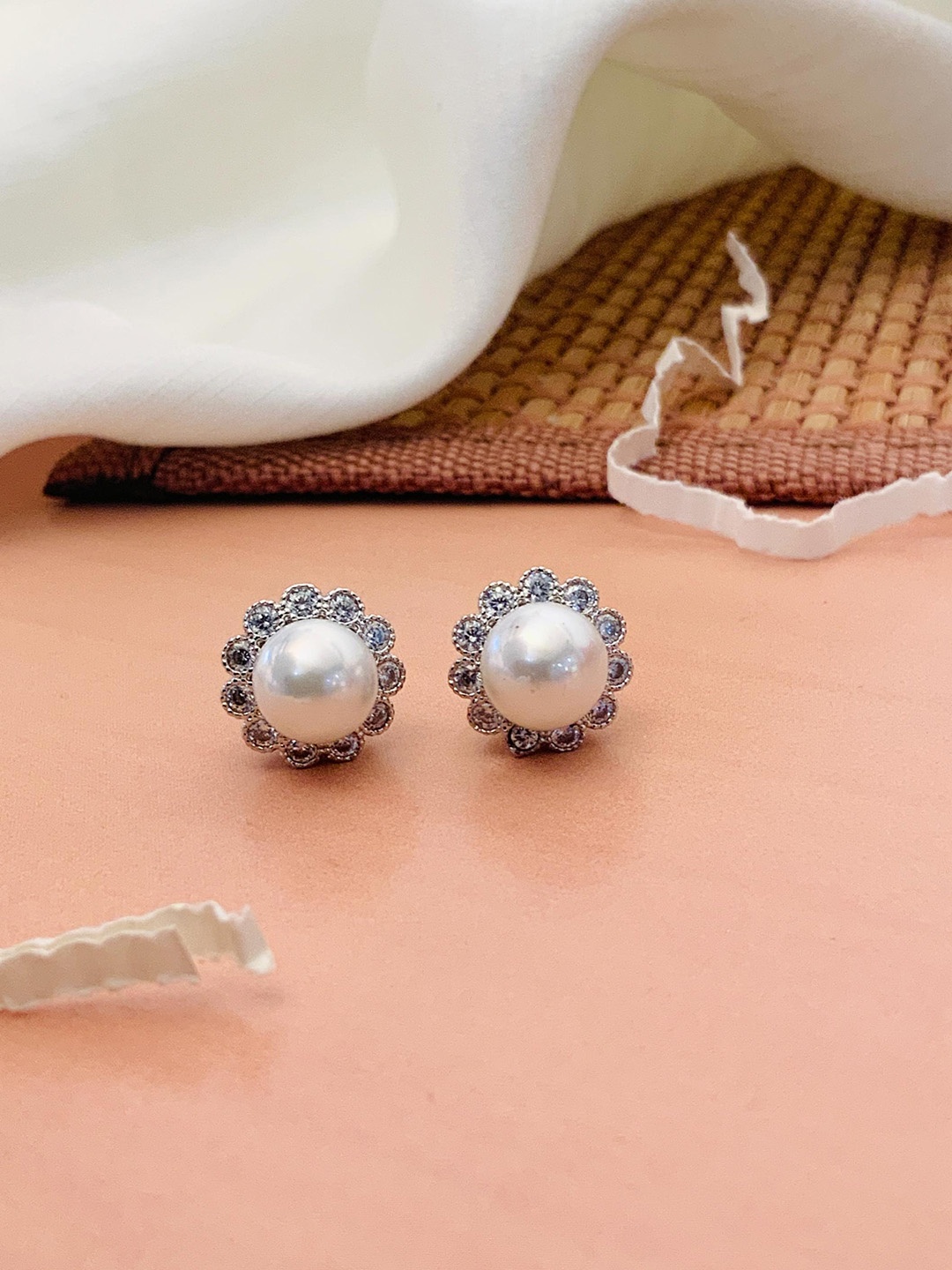 

ABDESIGNS Silver-Plated American Diamond-Studded & Beaded Classic Studs Earrings