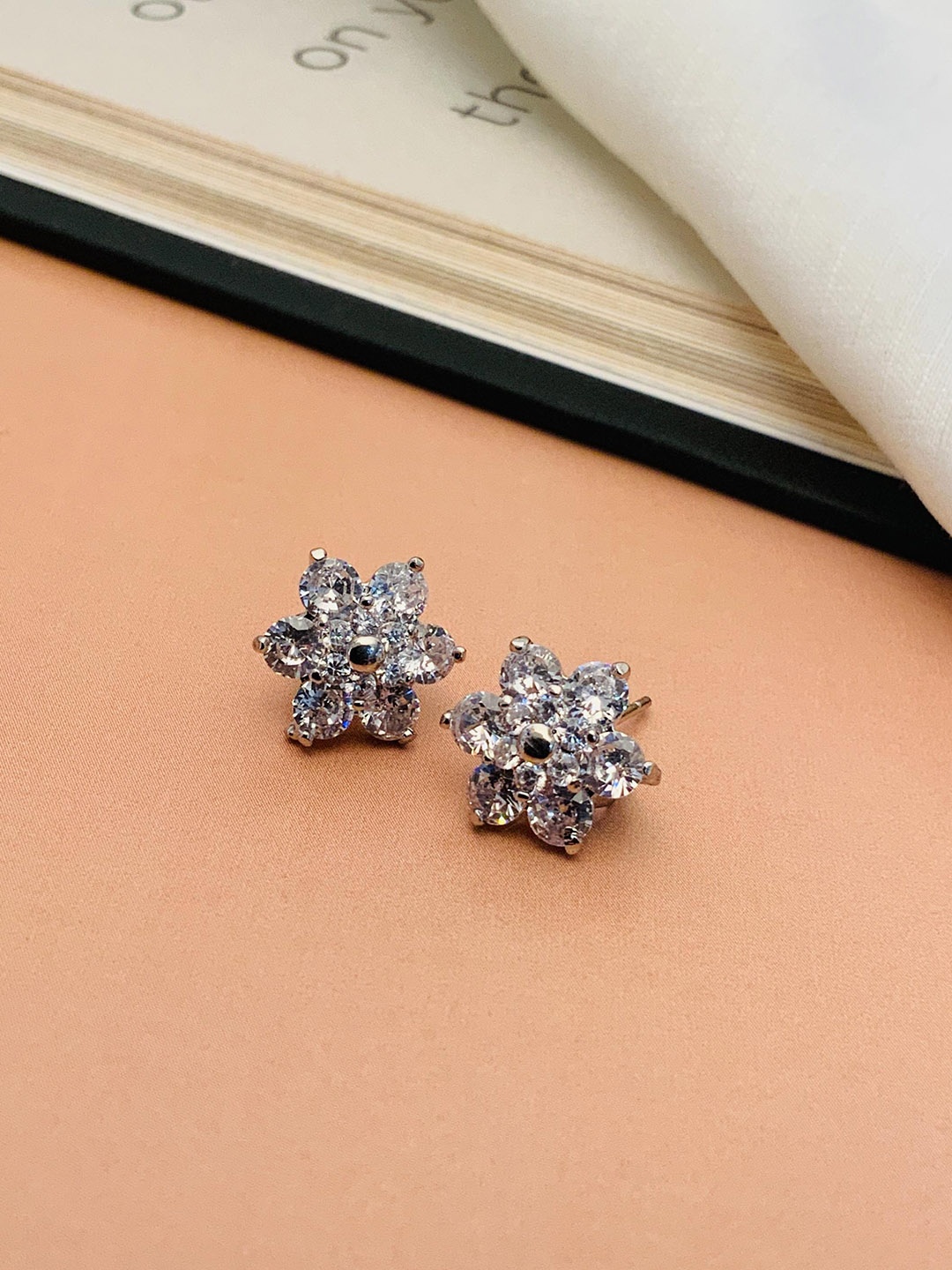 

ABDESIGNS Silver-Plated American Diamond-Studded Classic Studs Earrings