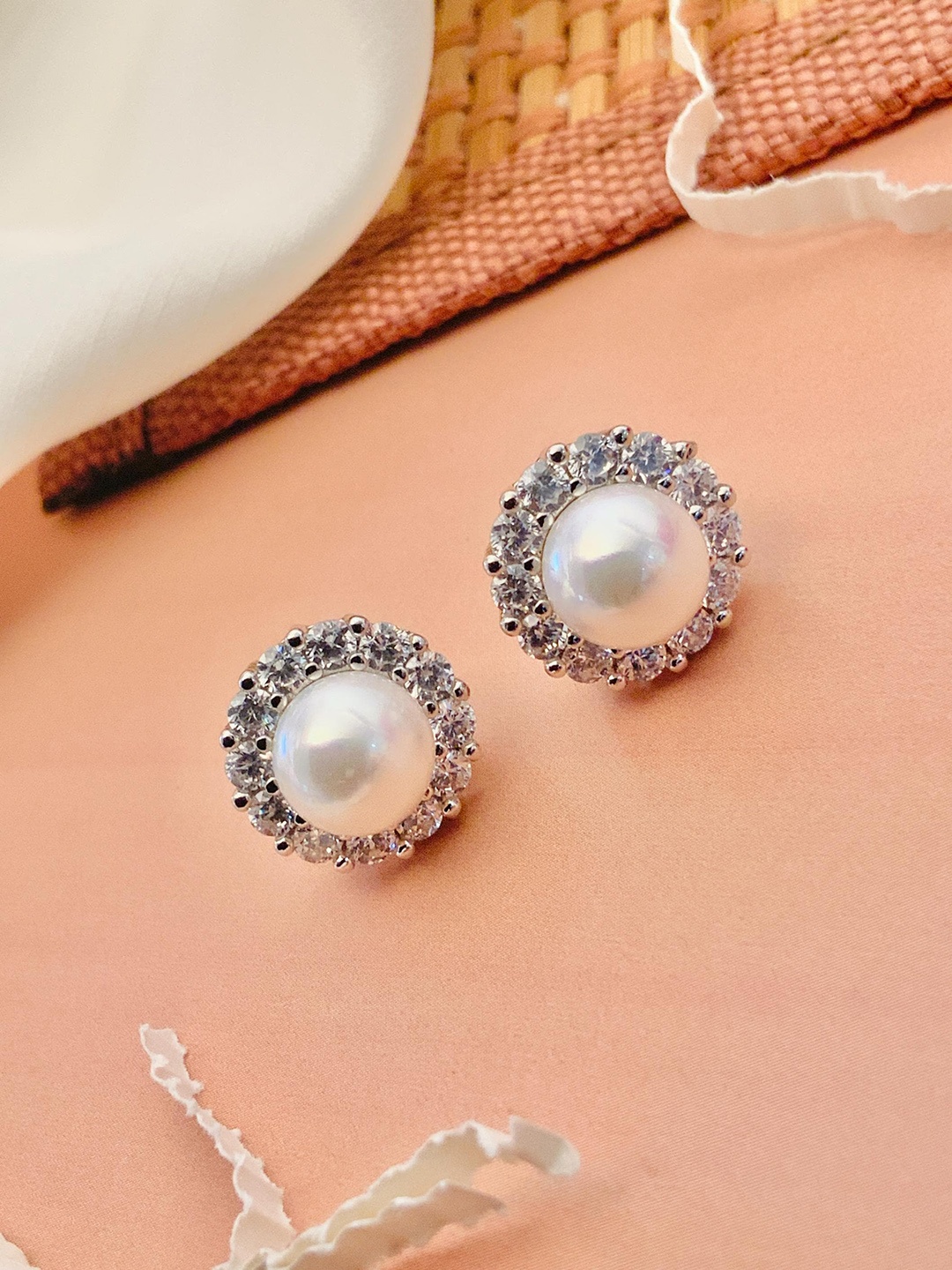 

ABDESIGNS Silver-Plated American Diamond-Studded & Beaded Floral Studs Earrings