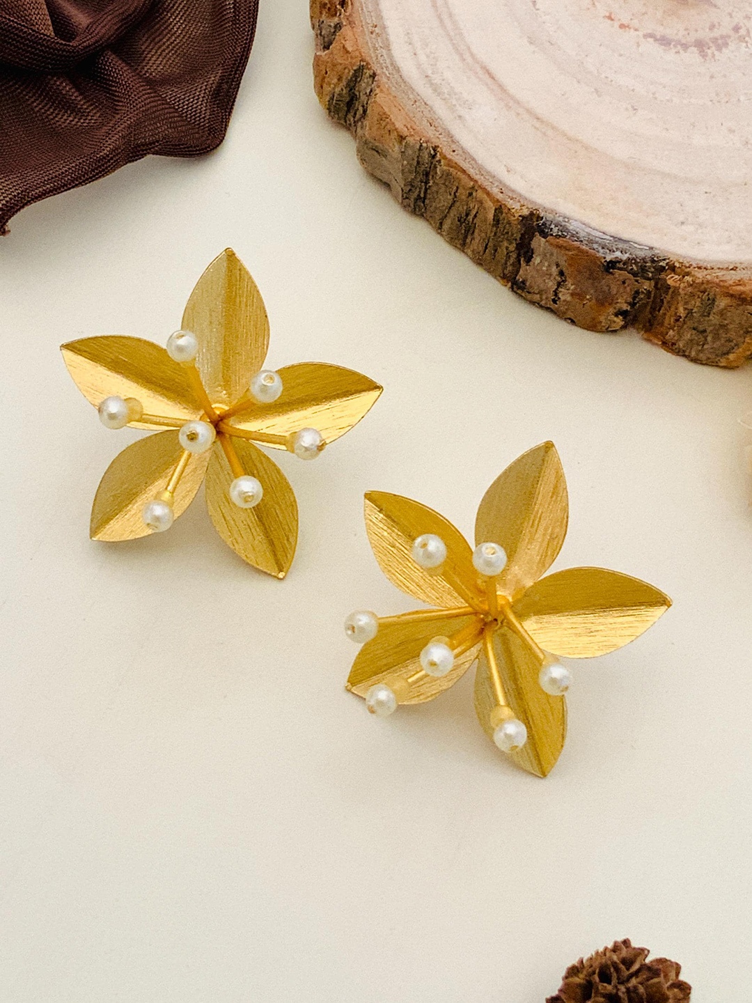 

ABDESIGNS Gold-Plated Beaded Floral Studs Earrings
