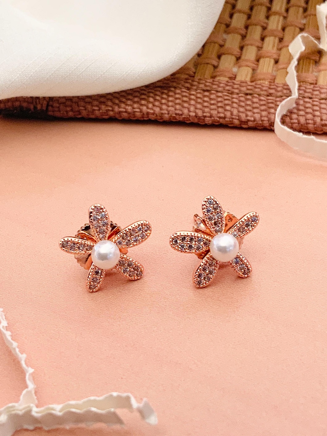 

ABDESIGNS Rose Gold-Plated American Diamond-Studded & Beaded Floral Studs Earrings