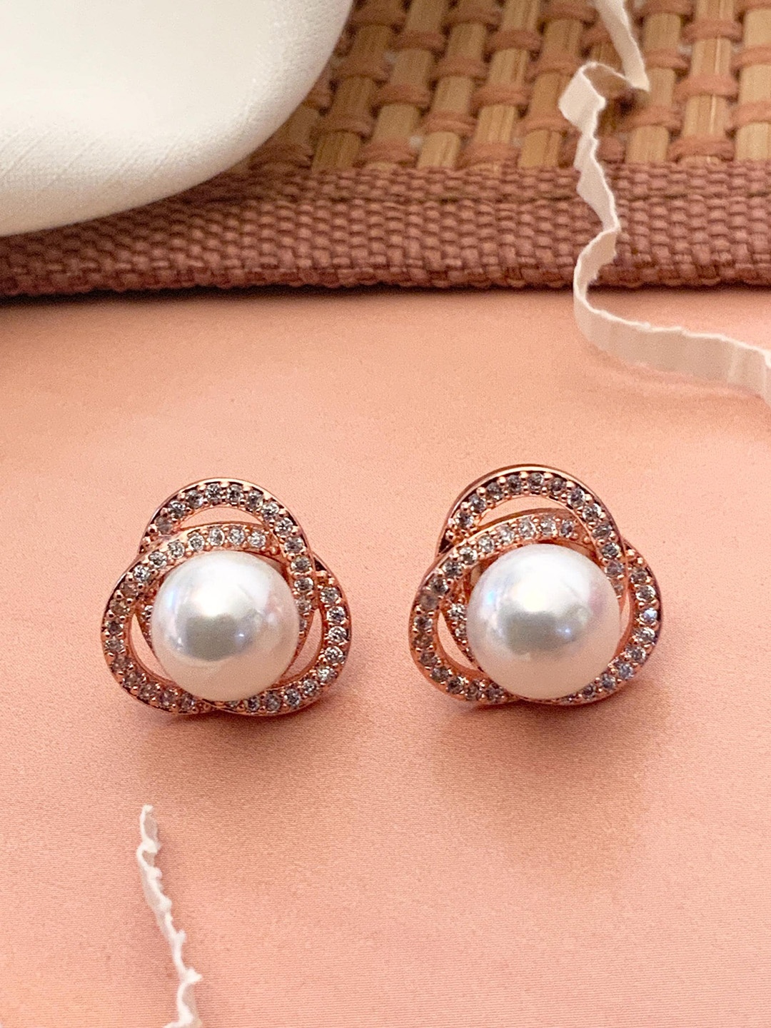 

ABDESIGNS Rose Gold-Plated American Diamond-Studded & Beaded Classic Studs Earrings