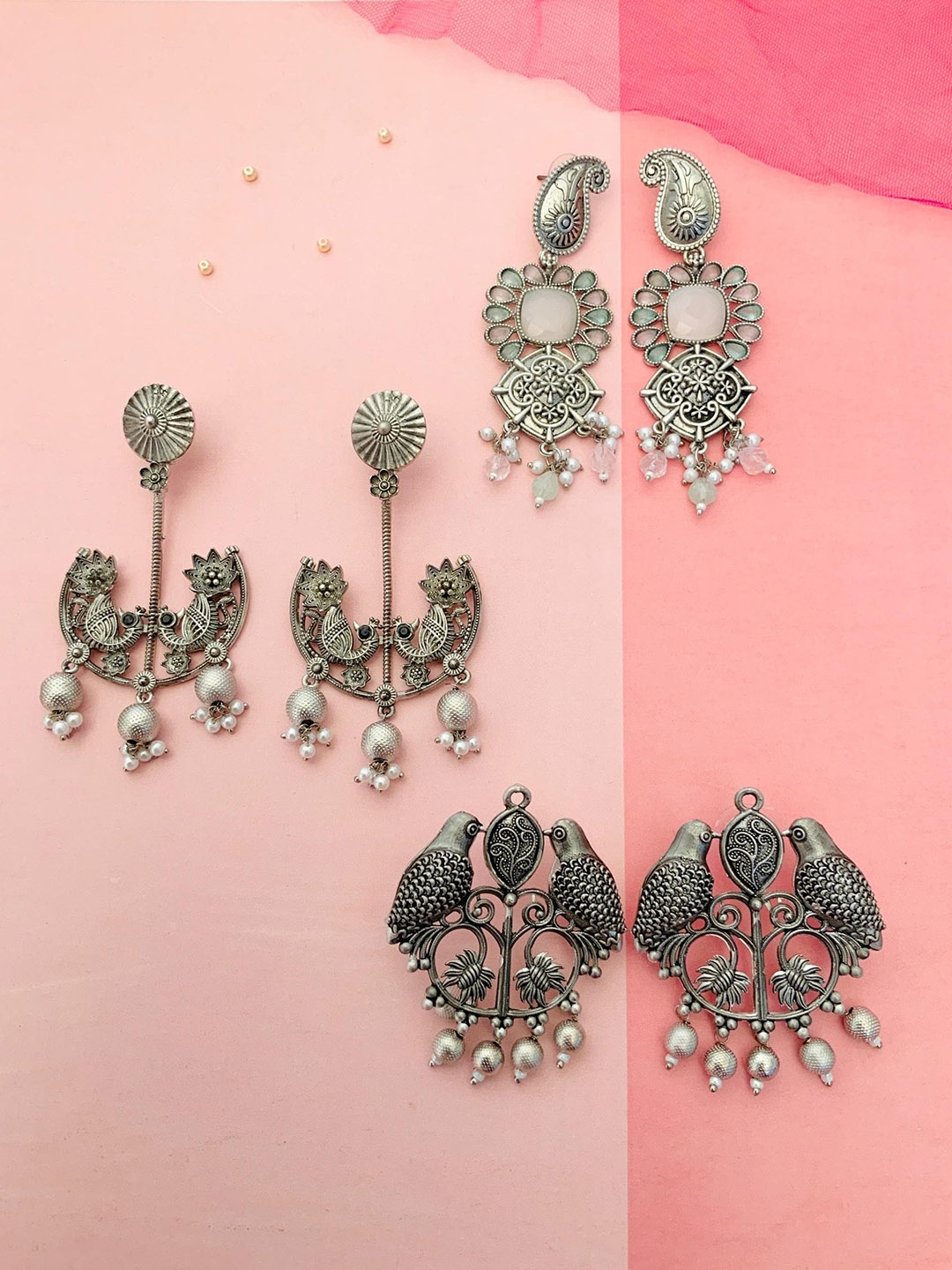 

ABDESIGNS Set Of 3 Silver-Plated Stone-Studded & Beaded Classic Drop Earrings