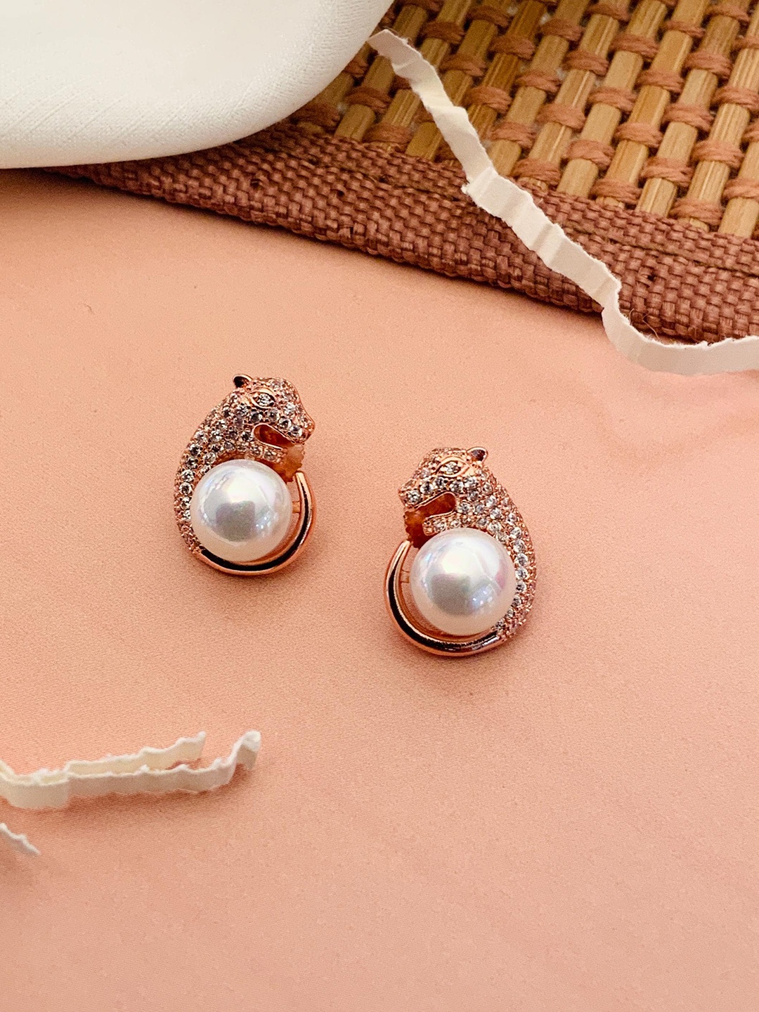 

ABDESIGNS Rose Gold-Plated American Diamond-Studded & Beaded Classic Studs Earrings
