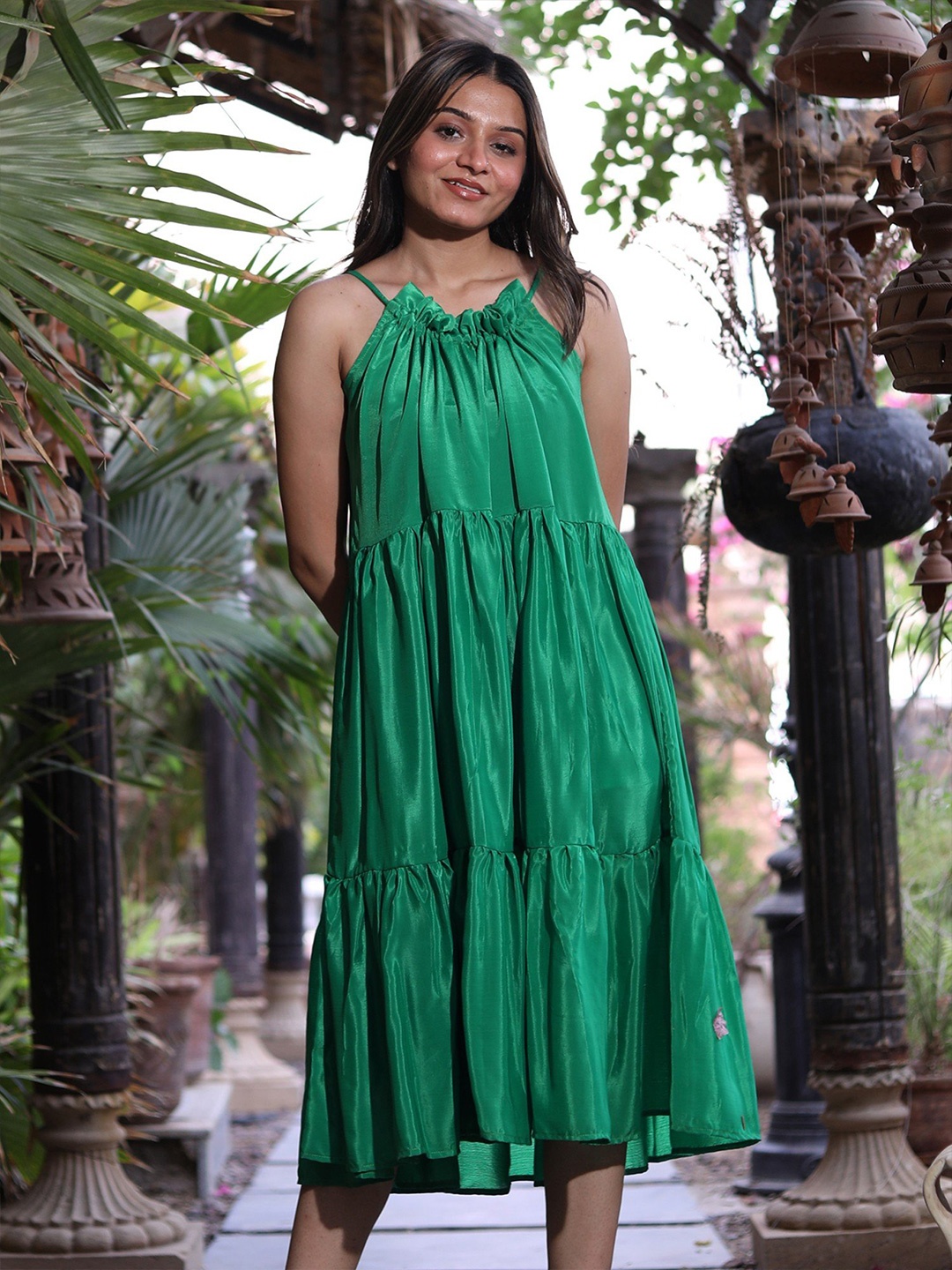 

Exotic India Shoulder Straps Pure Silk Tiered A-Line Midi Dress, Green