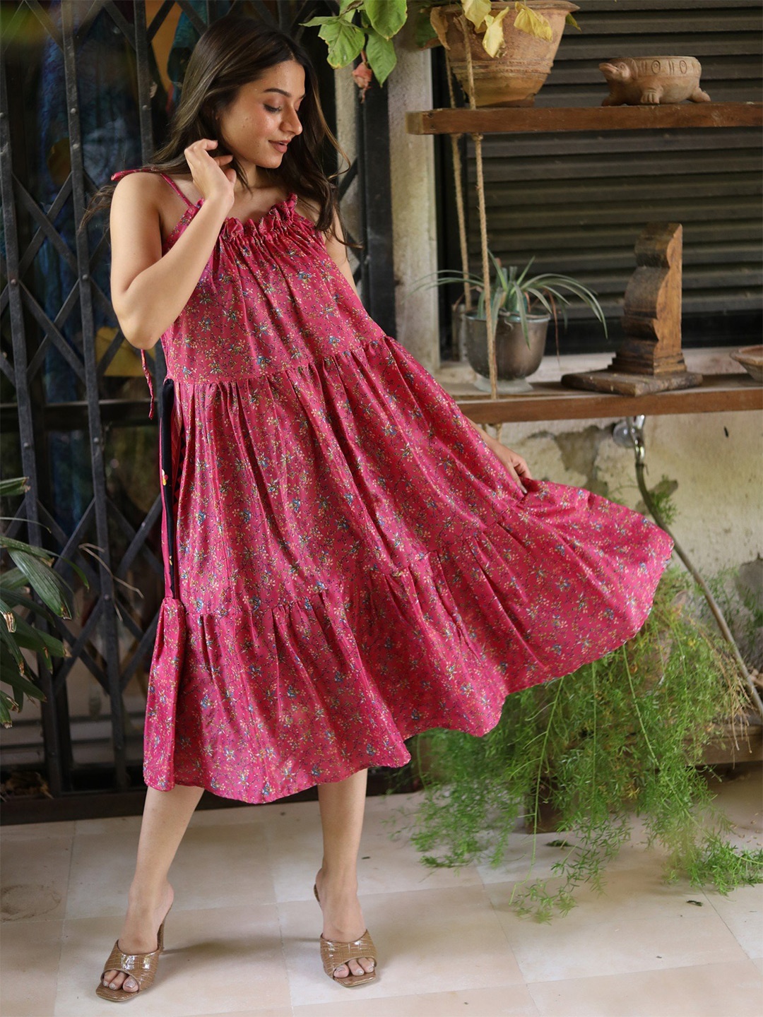 

Exotic India Vintage Pure Silk Jodhpur Ruffle Dress, Pink