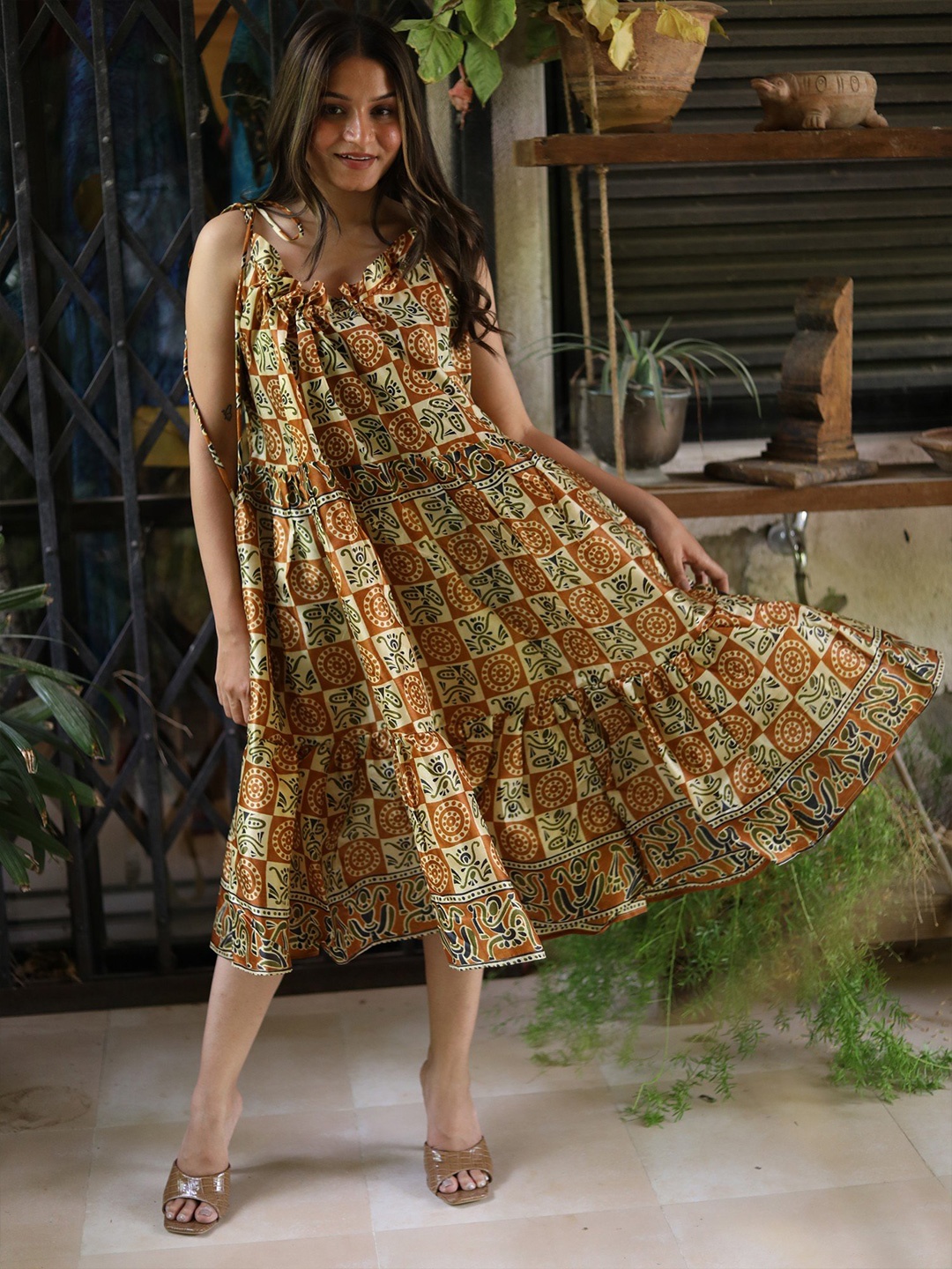 

Exotic India Floral Printed Shoulder Straps Vintage Pure Silk Desert Sun Ruffle Dress, Brown
