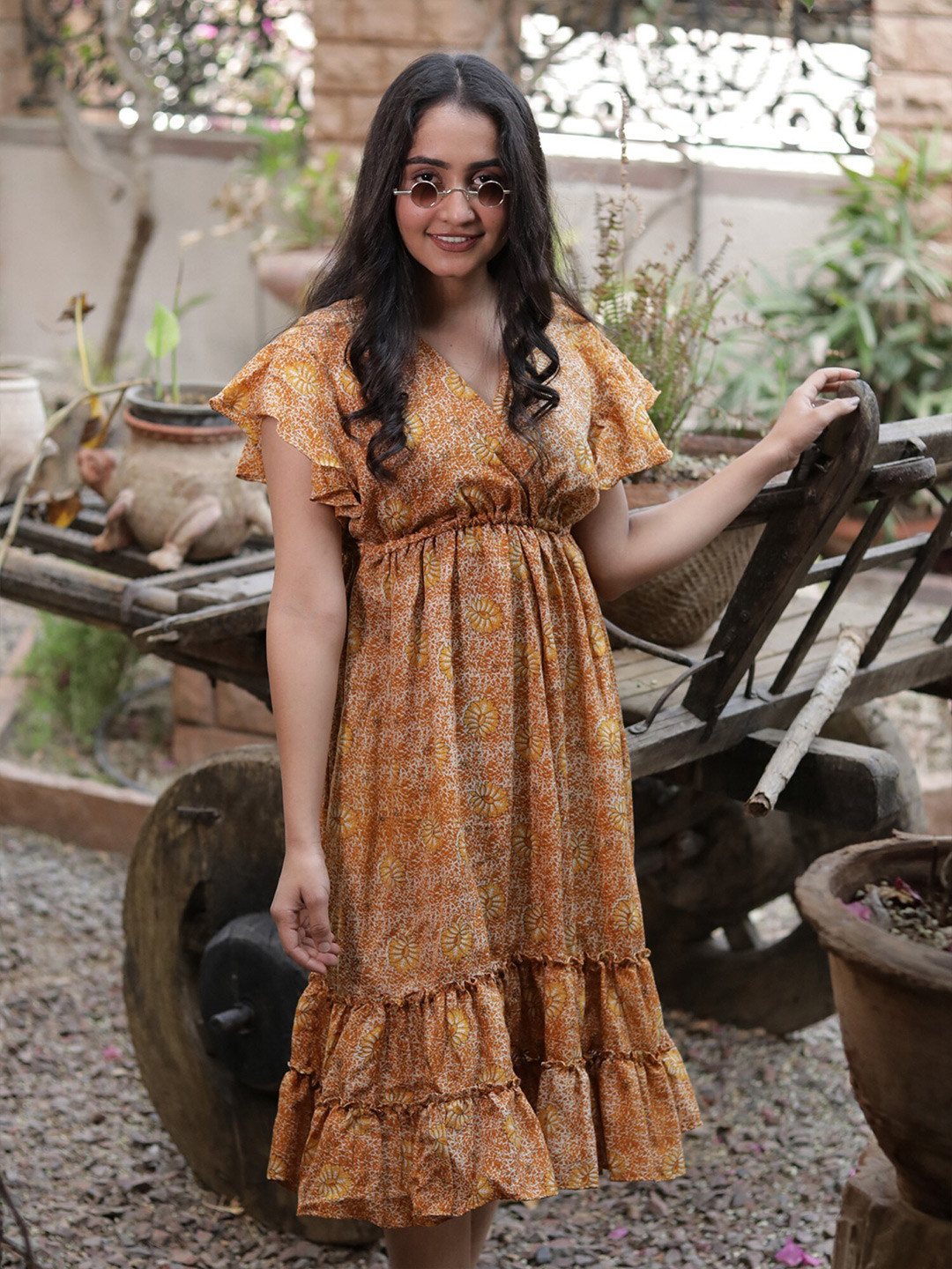 

Exotic India Floral Printed Pure Silk Wrap Dress, Yellow