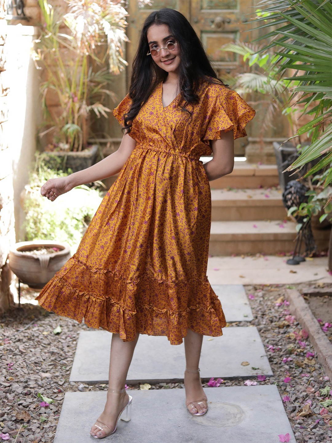 

Exotic India Floral Printed Vintage Pure Silk Summer A-Line Dress, Gold