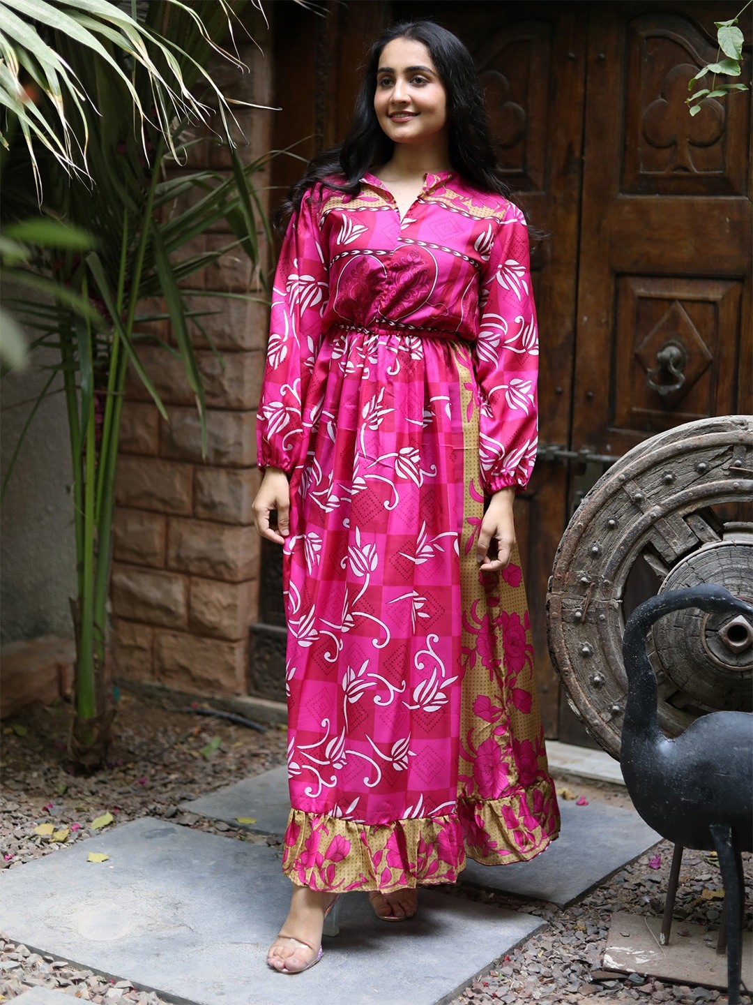 

Exotic India Fuschia Assorted Vintage Pure Silk Victorian Date Dress, Pink