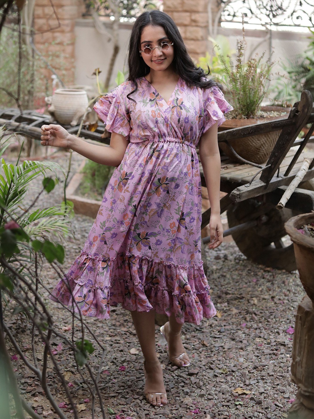 

Exotic India Floral Printed Pure Silk Fit & Flare Dress, Pink