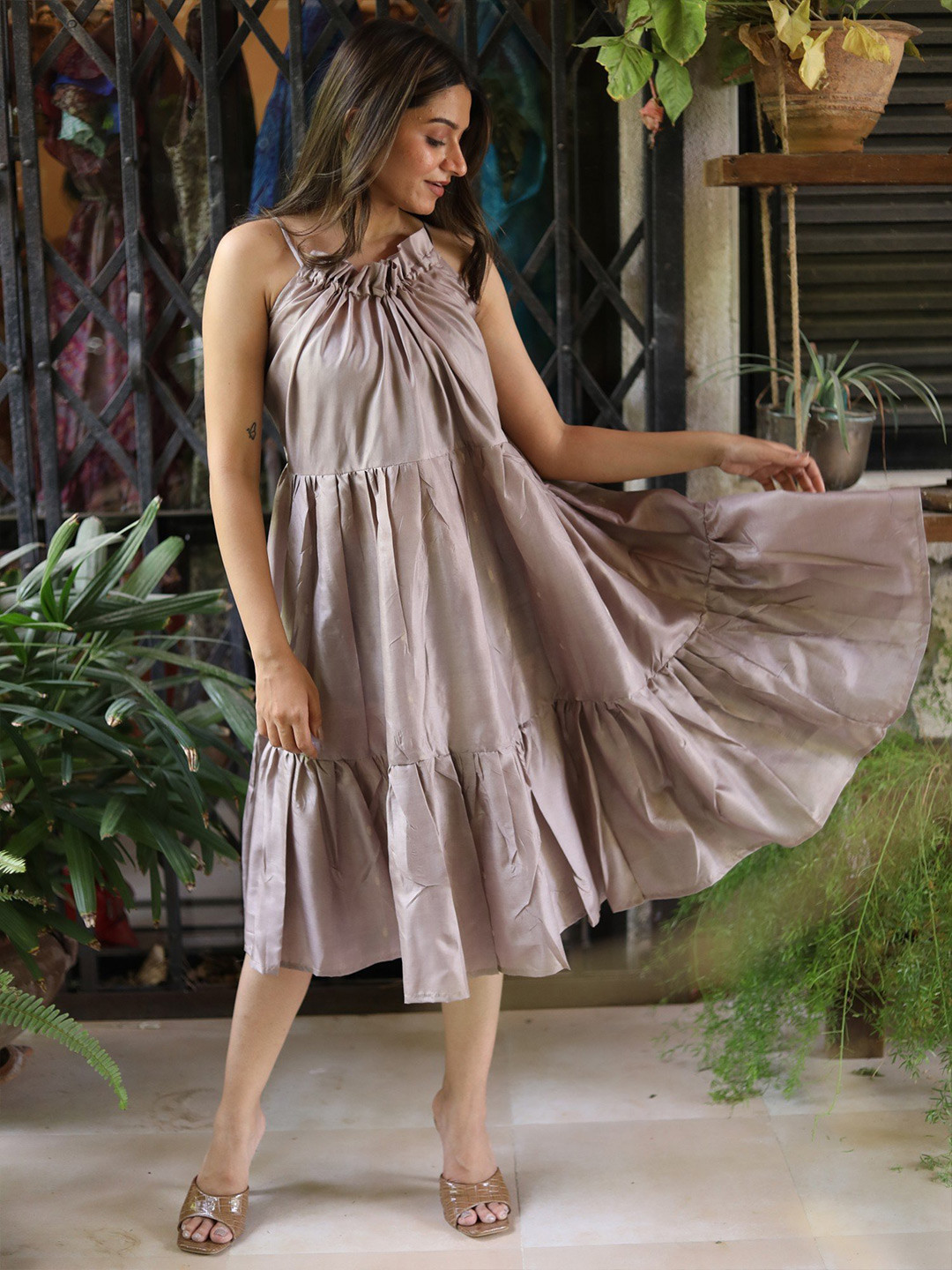 

Exotic India Assorted Vintage Pure Silk Mauve Ruffle Dress