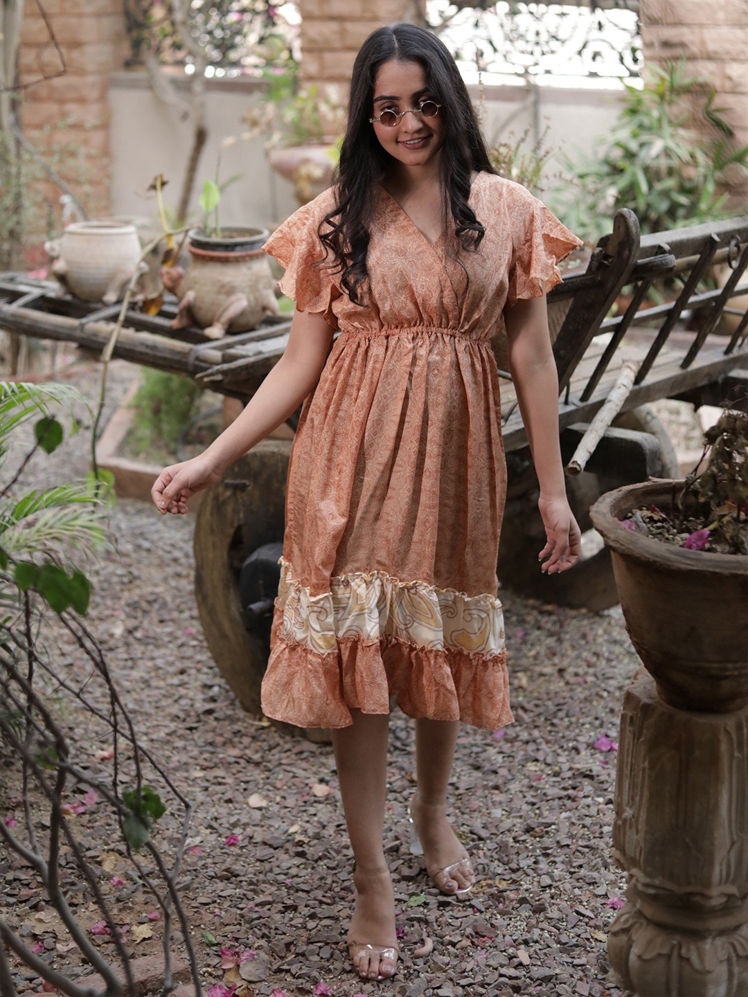 

Exotic India Floral Printed Flutter Sleeve Vintage Pure Silk Fit & Flare Dress, Peach