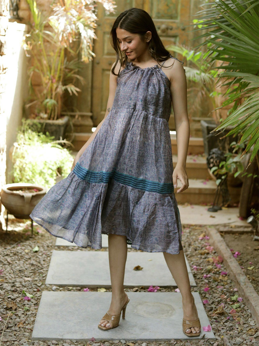 

Exotic India Purple Assorted Vintage Pure Silk Ruffle Dress