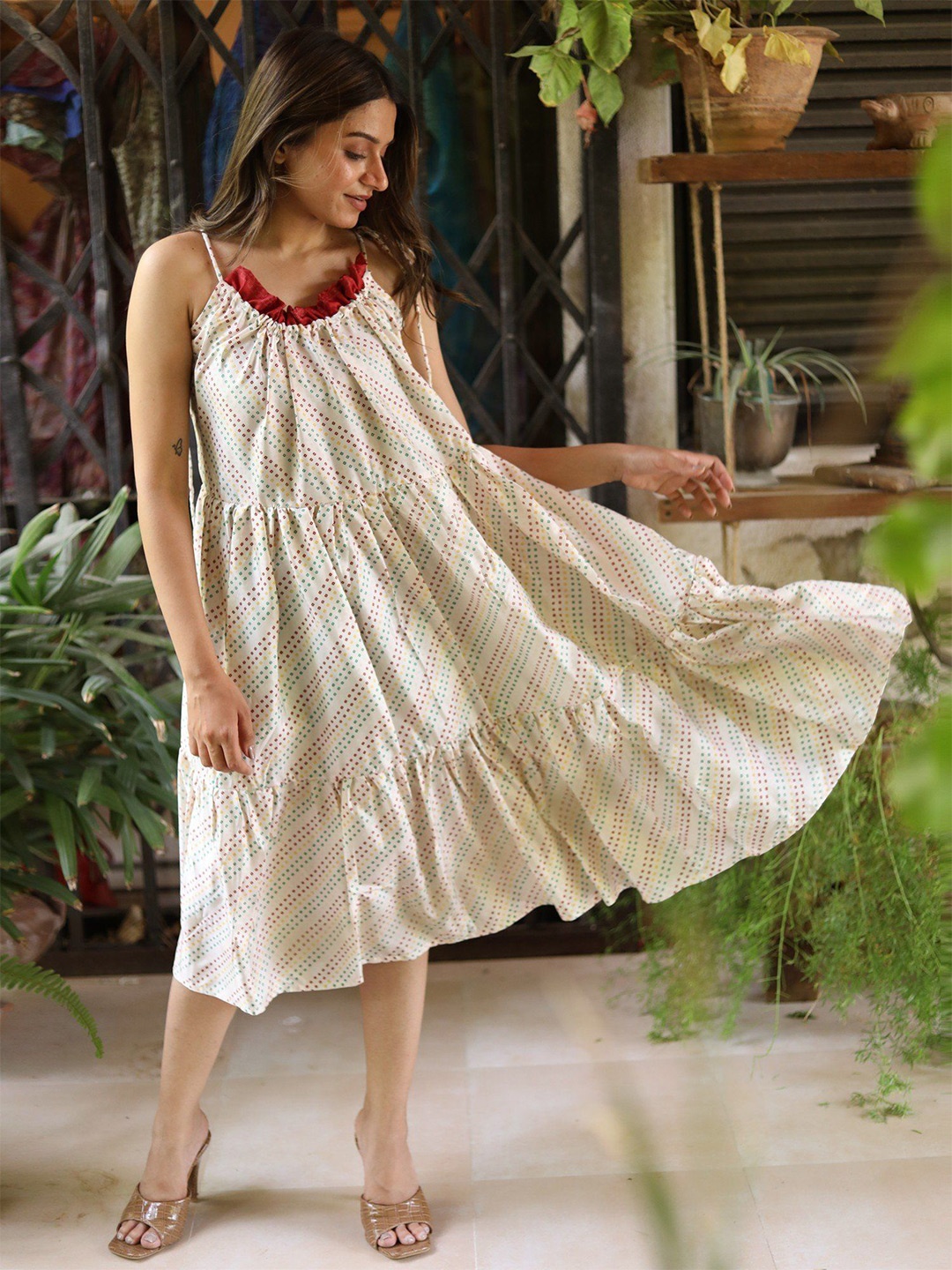 

Exotic India Dots Assorted Vintage Pure Silk Ruffle Dress, Off white