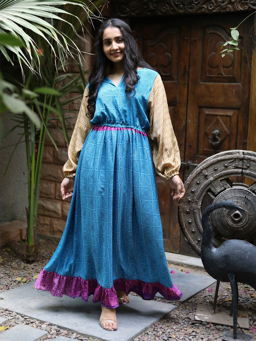 

Exotic India Assorted Vintage Pure Silk Strong Blue Victorian Date Dress