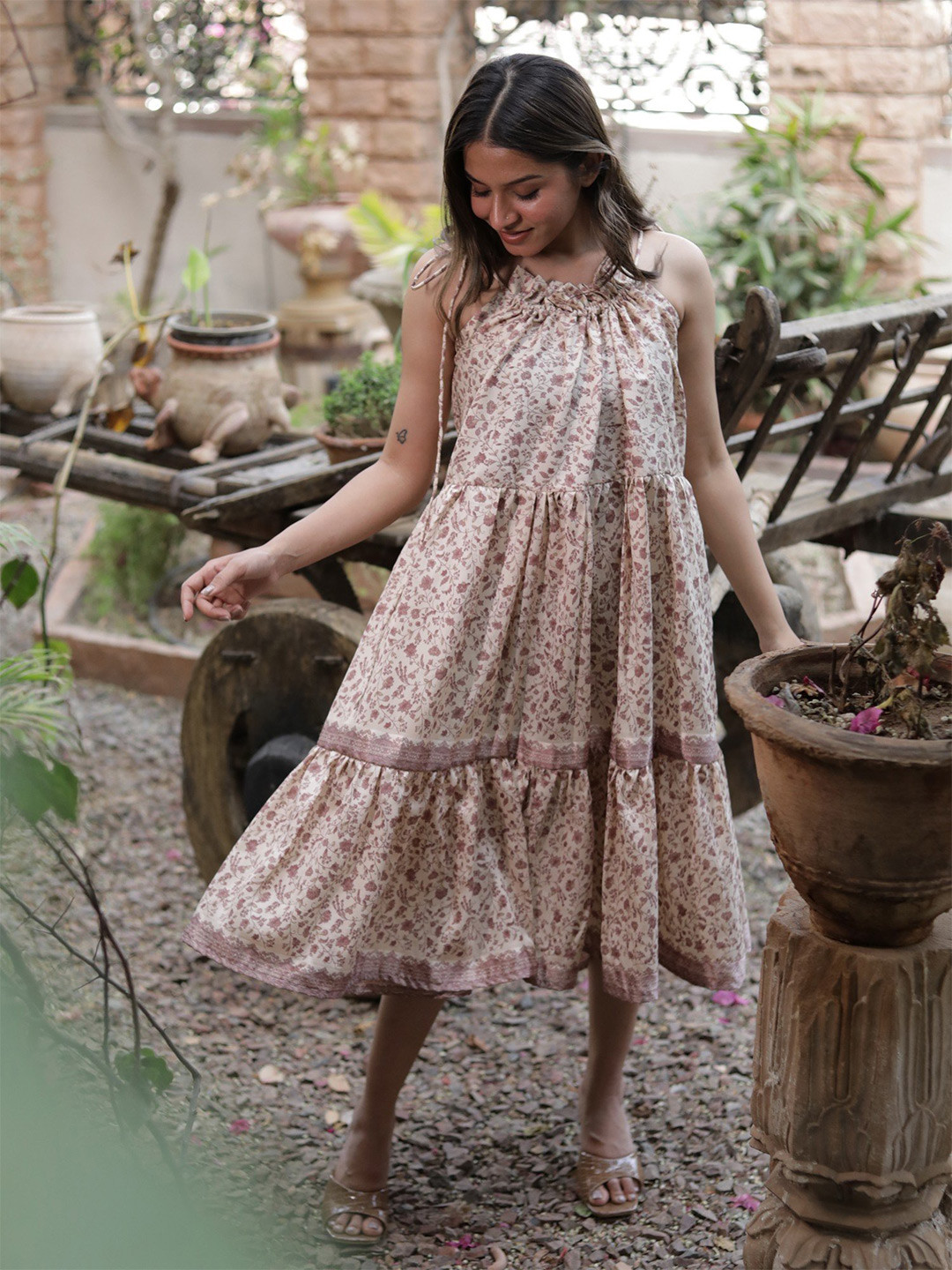 

Exotic India Assorted Vintage Pure Silk Rose Smoke Ruffle Dress