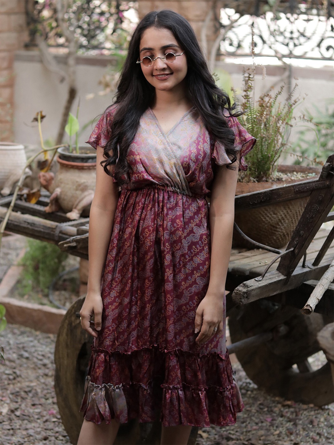 

Exotic India Printed V-Neck Short Sleeves Vintage Pure Silk Summer Fit & Flare Dress, Maroon