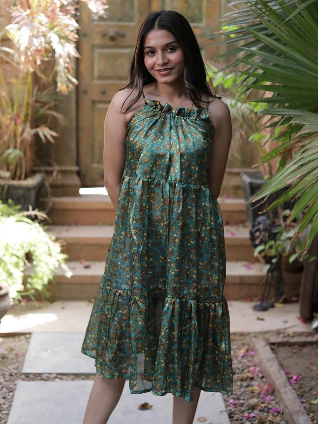 

Exotic India Floral Printed Shoulder Straps Sleeveless Vintage Pure Silk Ruffle Dress, Teal