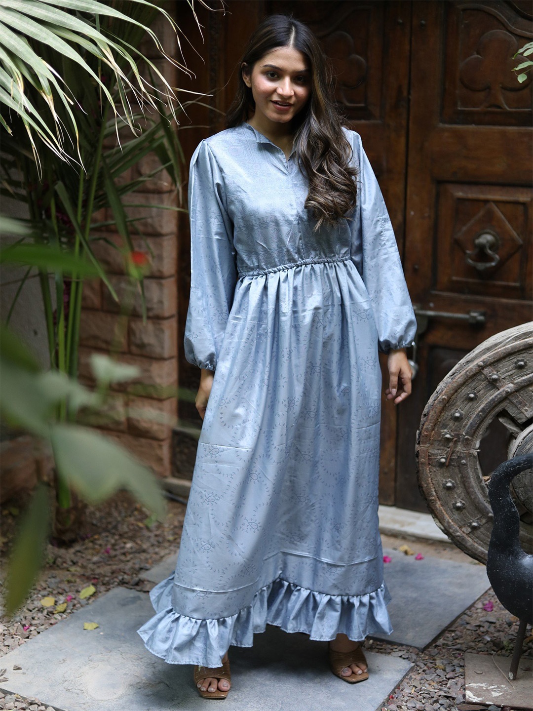 

Exotic India Assorted Vintage Azure Blue Pure Silk Victorian Date Dress