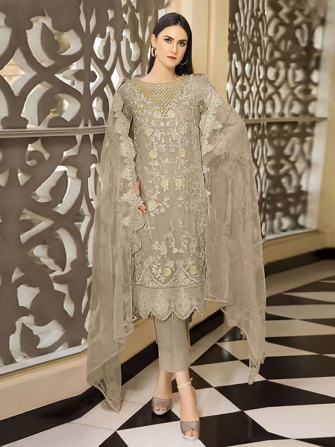 

ODETTE Women Floral Embroidered Regular Kurti with Trousers & With Dupatta, Beige