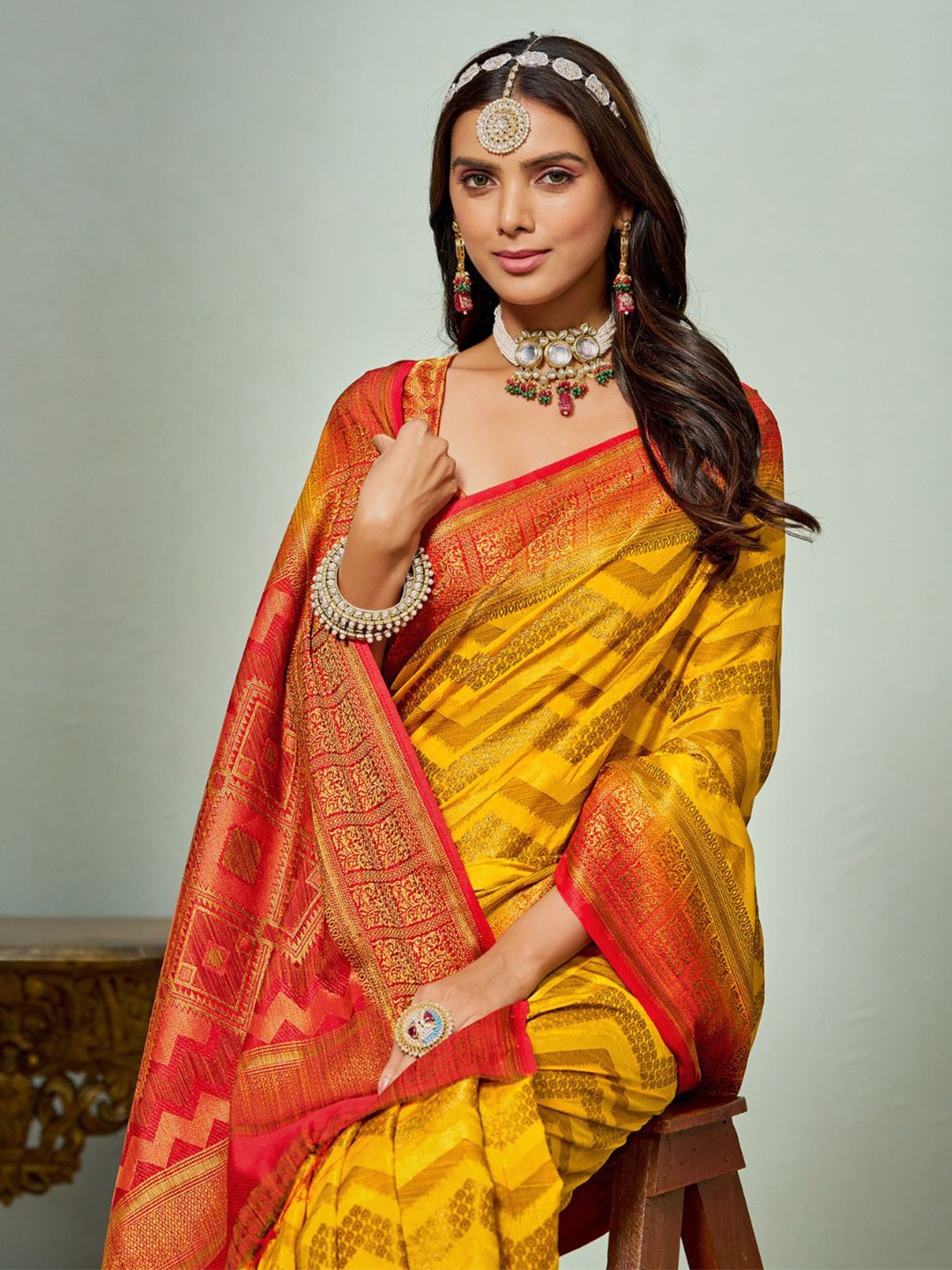 

KALINI Woven Design Zari Silk Blend Kanjeevaram Saree, Yellow