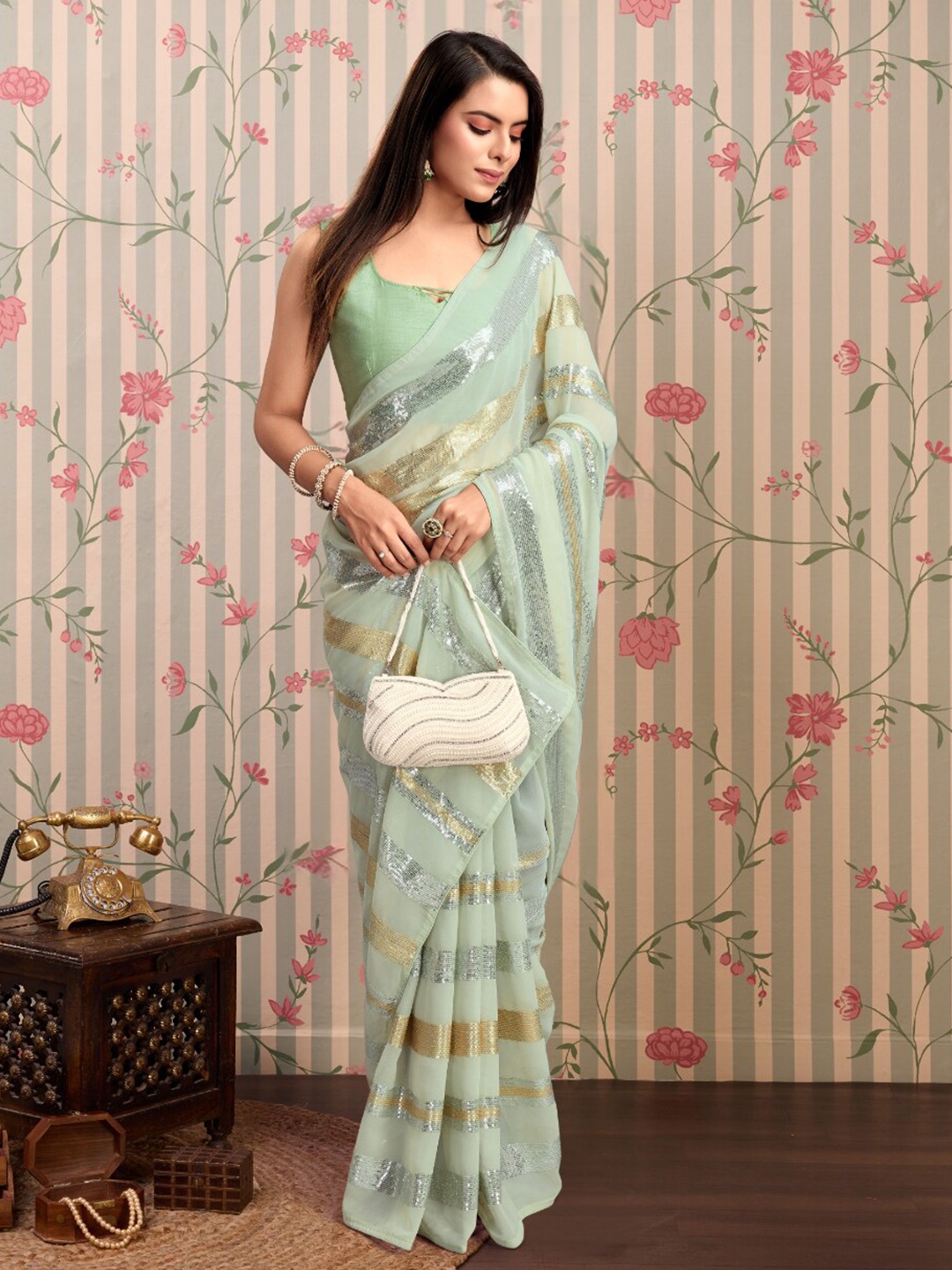 Ode by House of Pataudi Striped Sequinned Saree, Olive