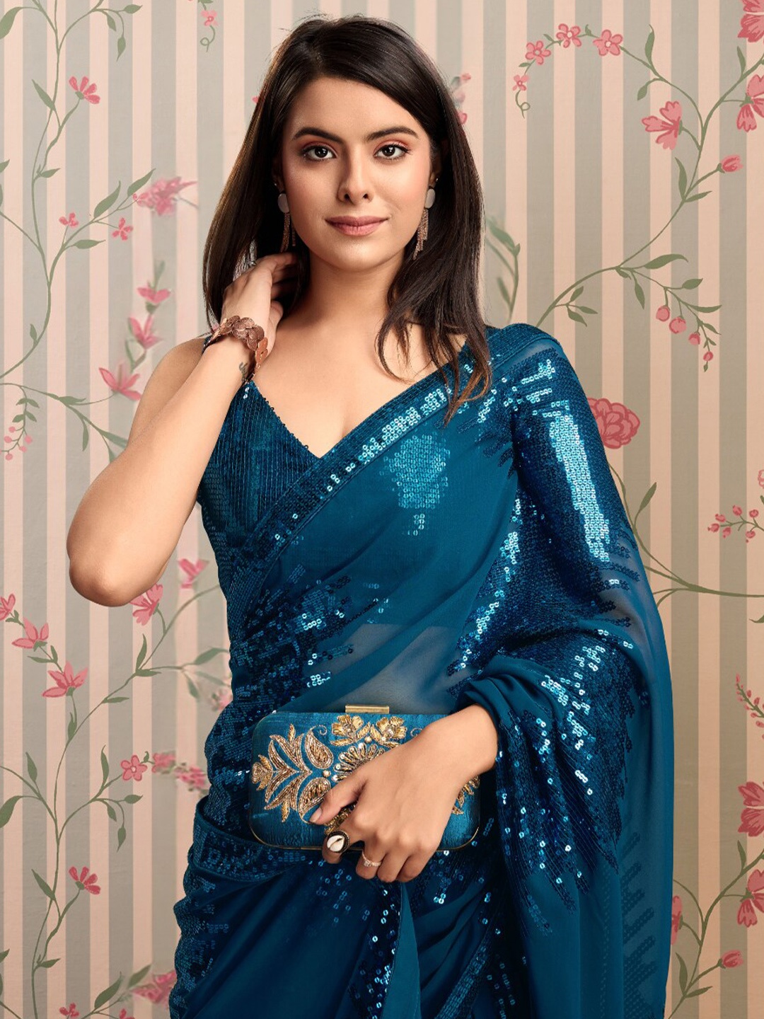 Ode by House of Pataudi Embellished Sequinned Ready to Wear Saree, Teal