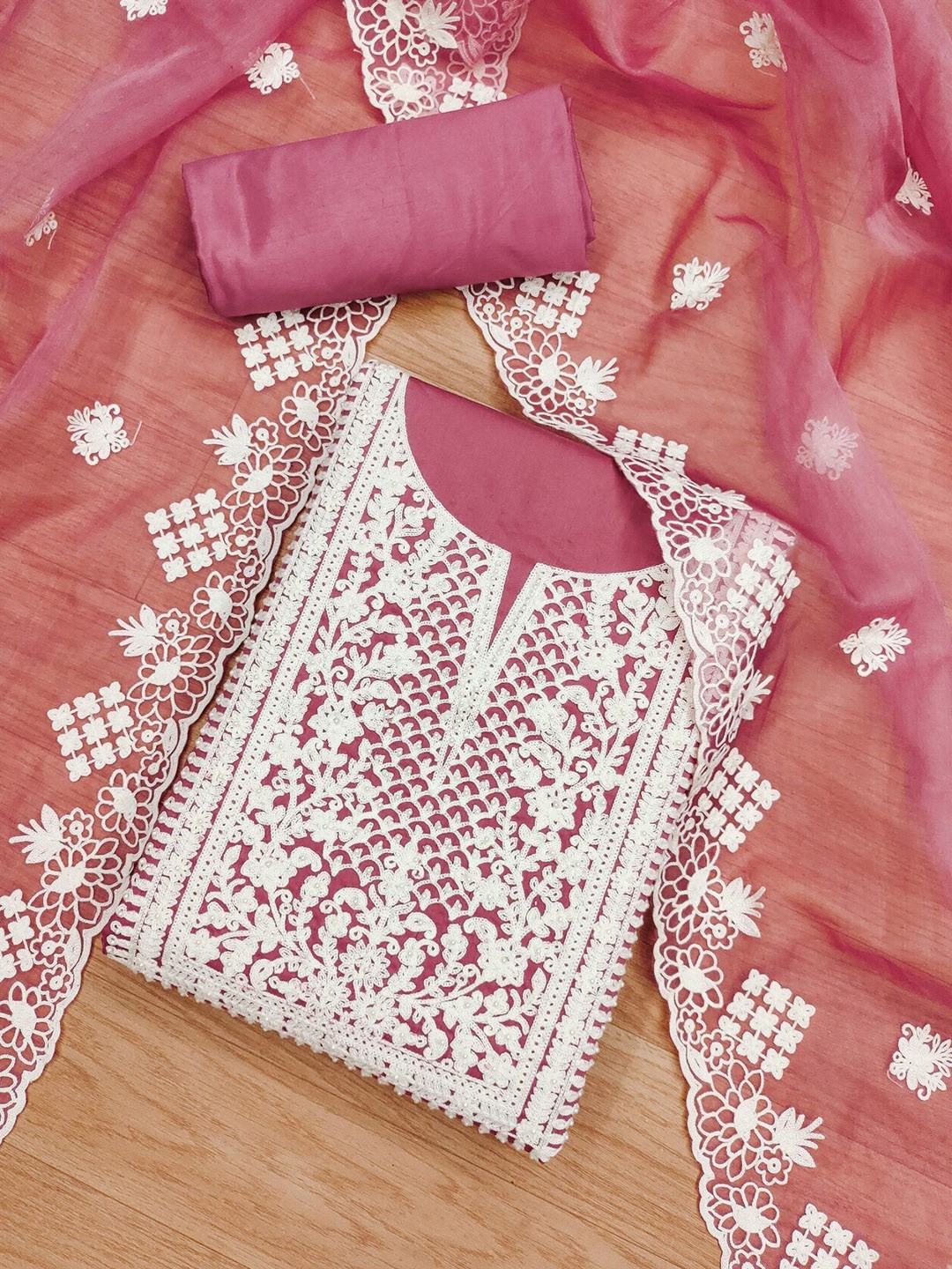 

KALINI Floral Embroidered Unstitched Dress Material, Pink