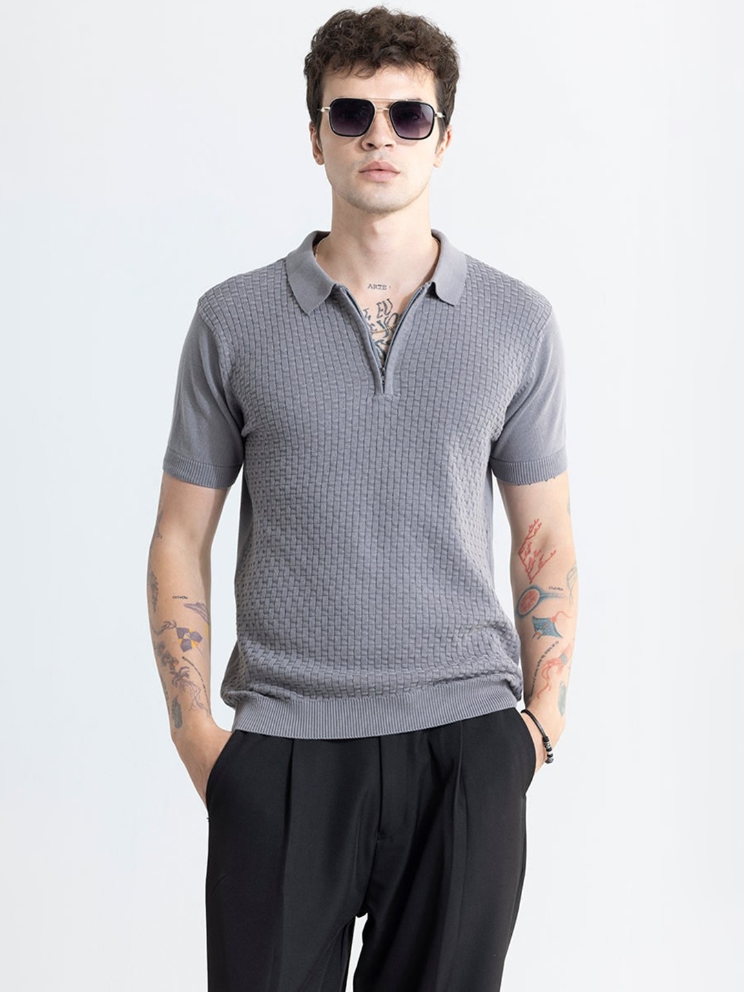 

Snitch Self Design Polo Collar Cotton Slim Fit T-shirt, Grey